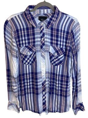 Rails Women's S Plaid Button Up Shirt Blue Pink Lightweight Rayon Relaxed Pocket
